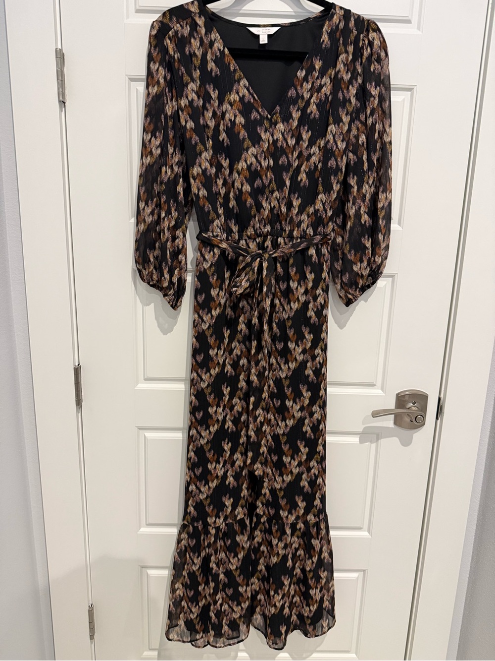 LC Lauren Conrad Black Maxi Dress with Brown and Cream Print